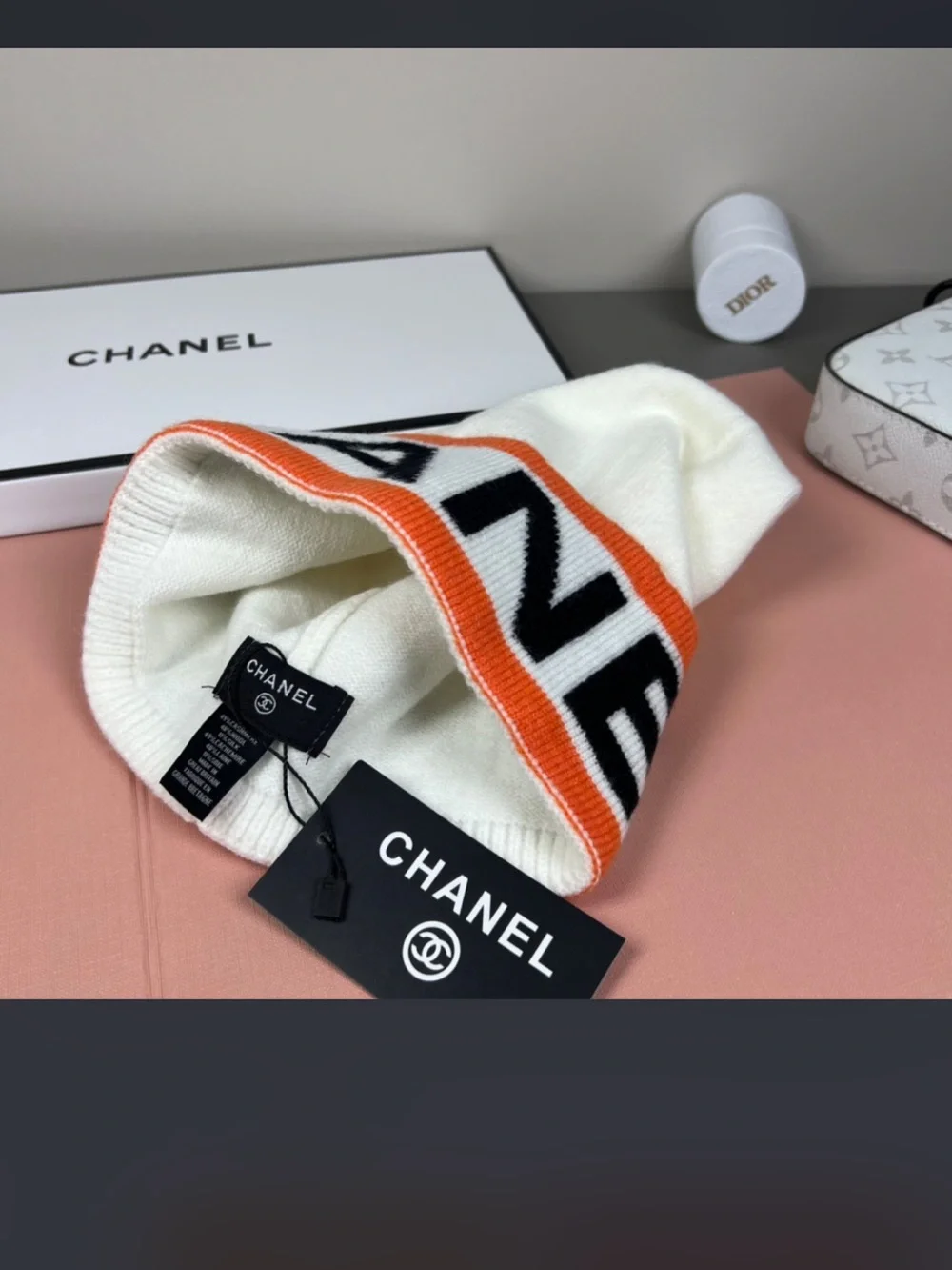 🧡 Double C Designer Large Letter Spell Out Beanie Hat Cap Orange